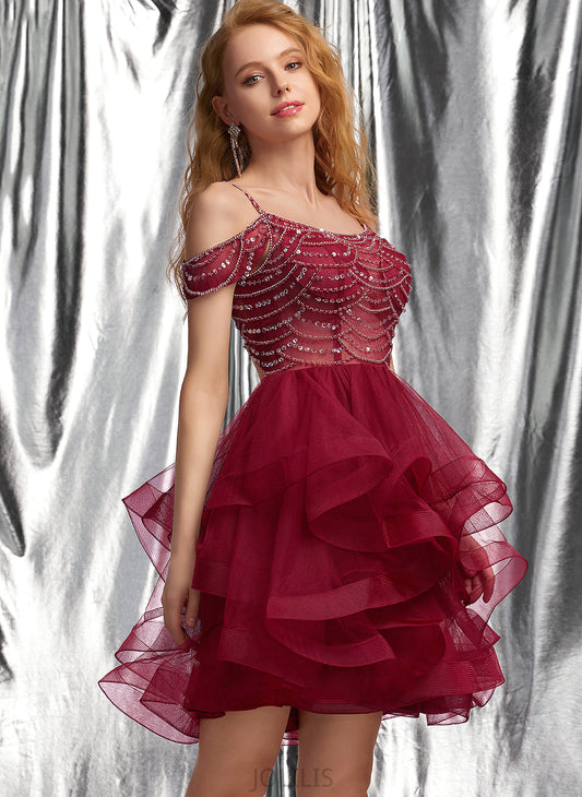 With Louise Homecoming Dresses Homecoming Tulle Short/Mini Scoop Ball-Gown/Princess Sequins Dress Neck Beading