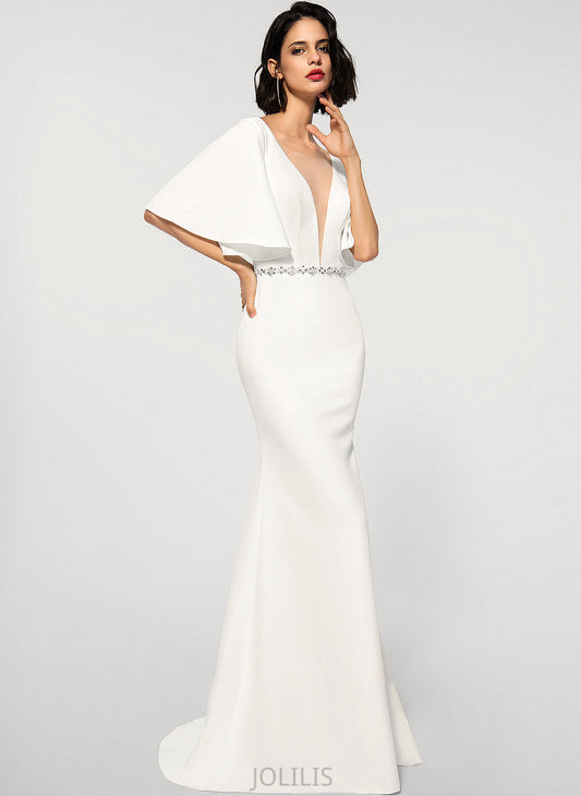 Crepe V-neck With Train Trumpet/Mermaid Carla Sweep Wedding Dress Stretch Beading Wedding Dresses