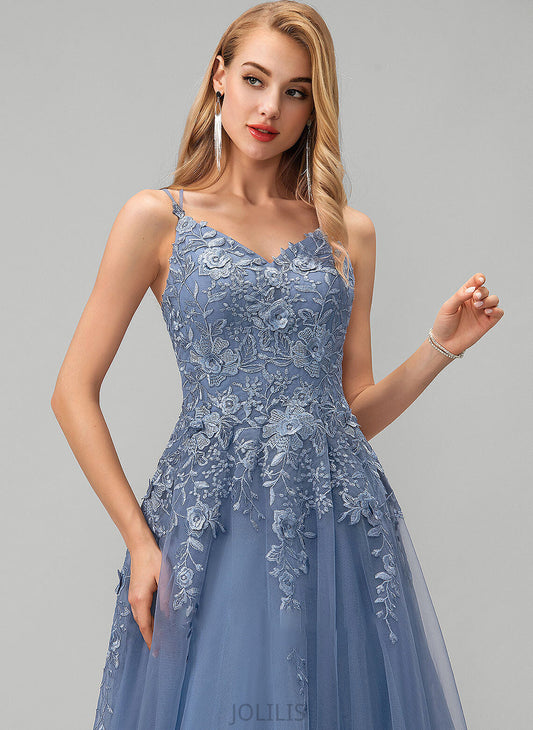 Ball-Gown/Princess Alaina Floor-Length With Lace Prom Dresses V-neck Tulle