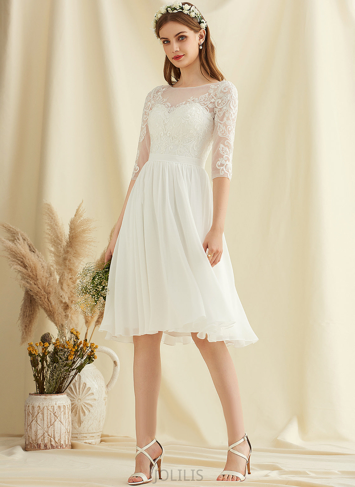 A-Line Scoop Chiffon Wedding Wedding Dresses Sequins With Dress Tiffany Lace Knee-Length