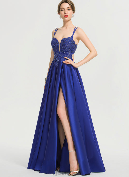 V-neck Ball-Gown/Princess Floor-Length Prom Dresses Sequins Lace Paris With Satin