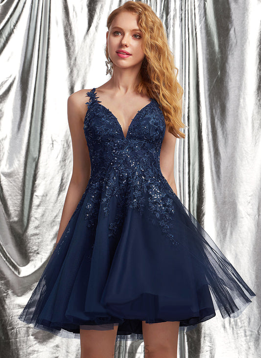 A-Line Sequins Tulle With Dayami Short/Mini V-neck Prom Dresses