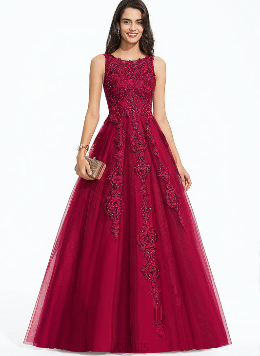 Ball-Gown/Princess Sweep Lace Sadie With Prom Dresses Beading Tulle Train Scoop