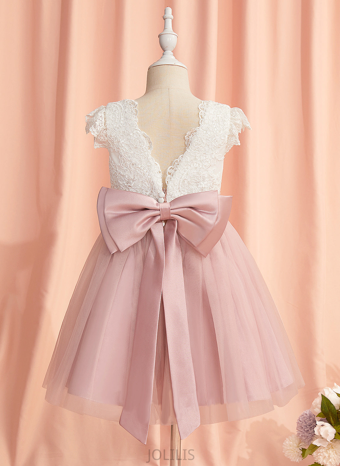 Lace/Bow(s) Scoop With Flower Brynn Neck Short Flower Girl Dresses A-Line Dress - Sleeves Tulle Knee-length Girl