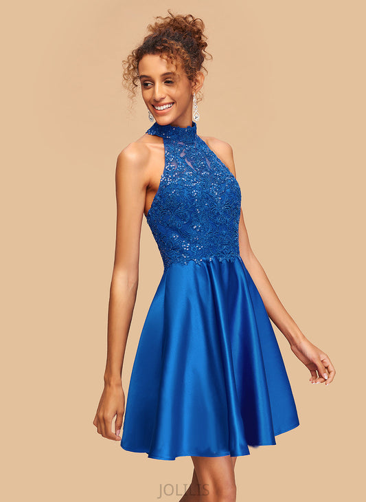 Dress With Short/Mini Sequins Itzel A-Line High Homecoming Lace Homecoming Dresses Satin Neck