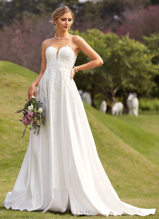 Ball-Gown/Princess Satin Split Lace Chapel Dress Wedding Willow Front With Sweetheart Wedding Dresses Train