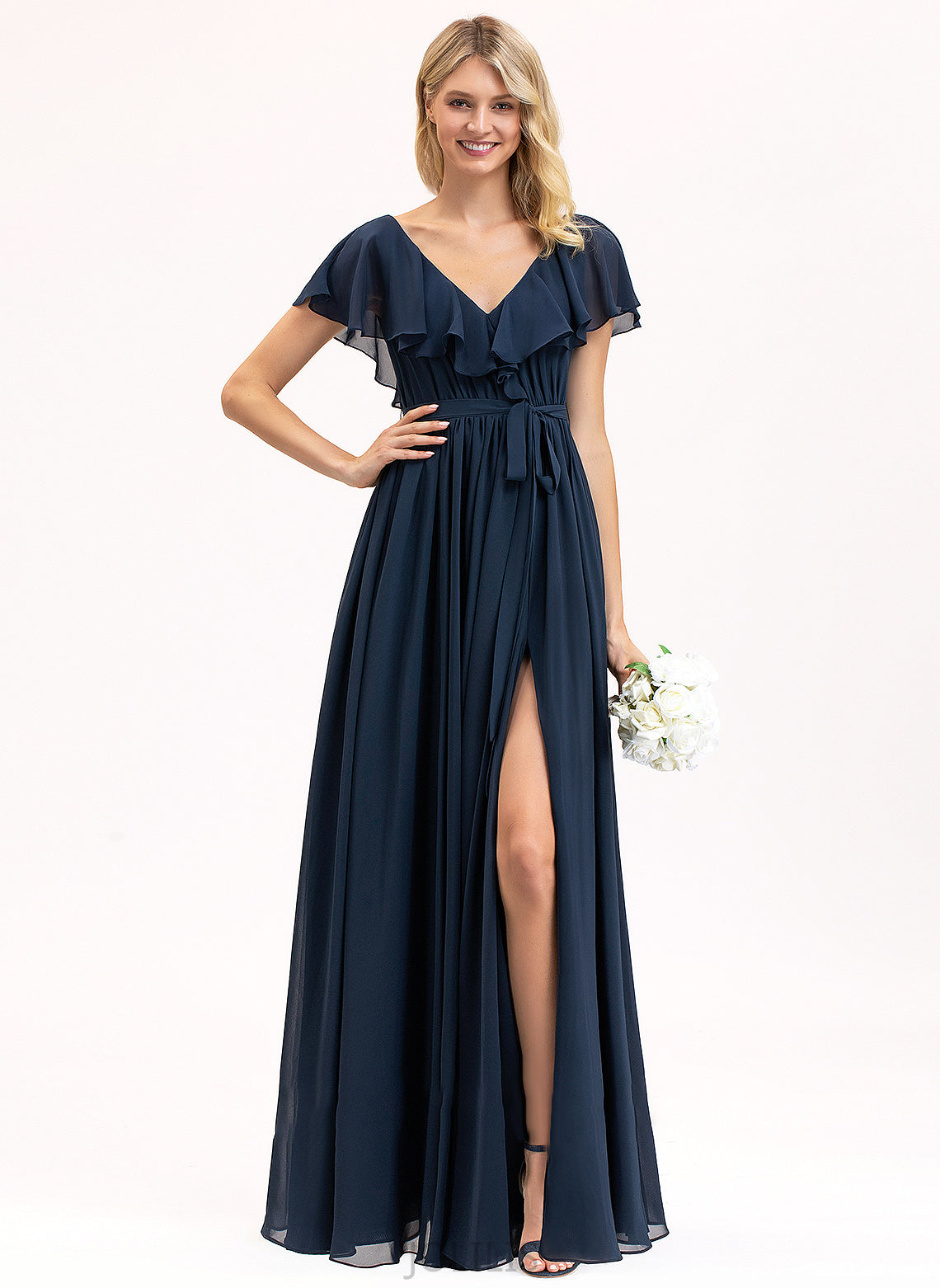 A-Line V-neck Mariela Cascading Bow(s) Chiffon Floor-Length Split With Ruffles Front Prom Dresses