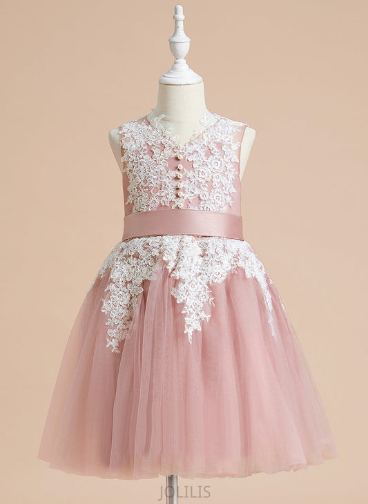 Girl Bow(s) A-Line Tulle/Lace Sleeveless Knee-length - Dress V-neck With Kaley Flower Girl Dresses Flower