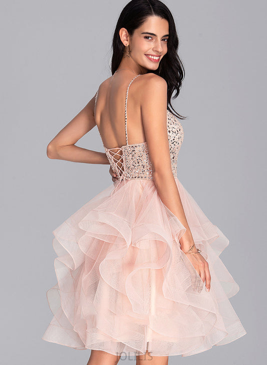 Sequins With Ball-Gown/Princess Prom Dresses Delaney V-neck Beading Knee-Length Tulle