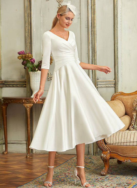 Satin Wedding Dresses Madeline Tea-Length Dress Wedding A-Line V-neck