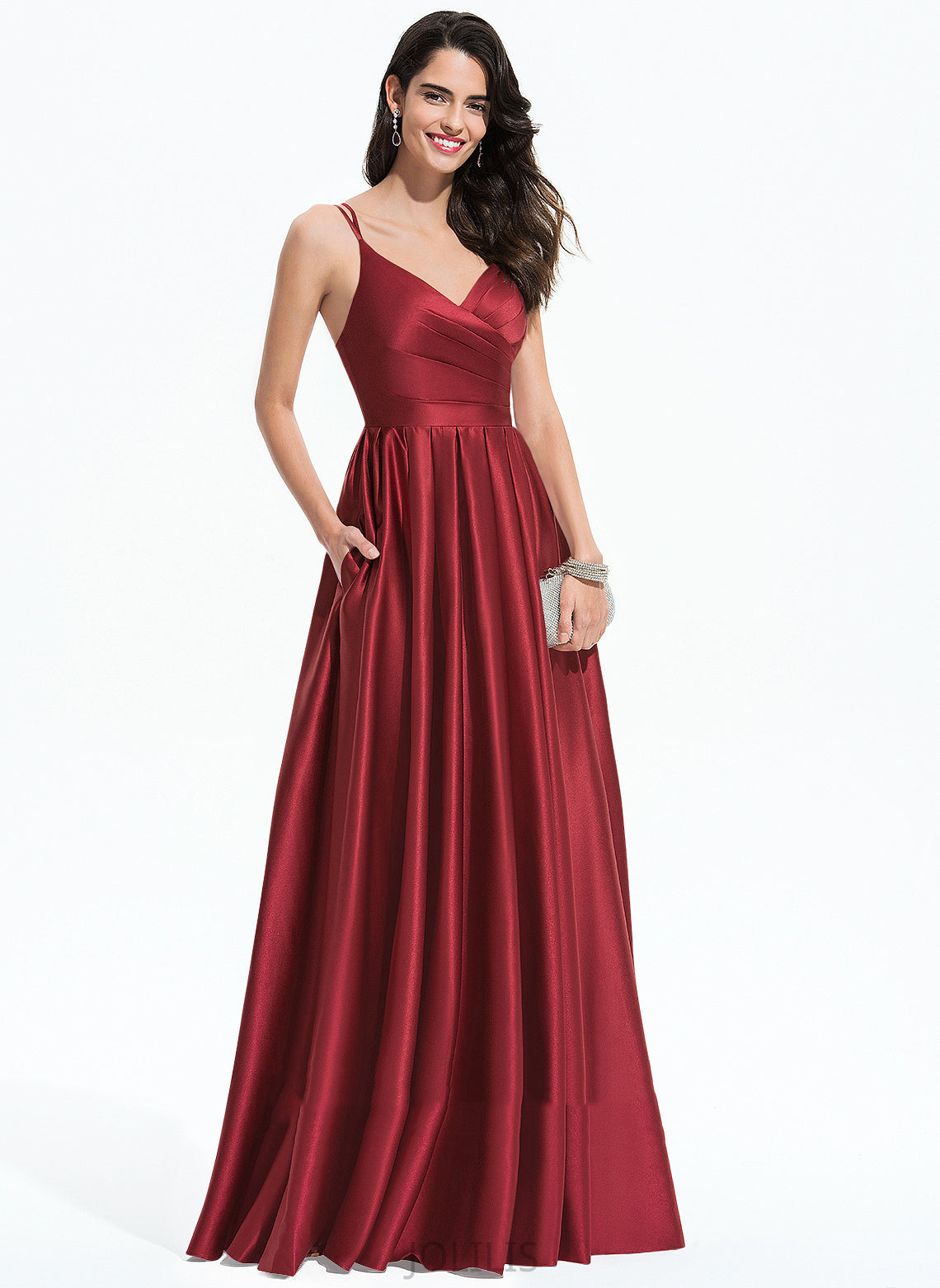 With A-Line Floor-Length Prom Dresses V-neck Satin Marisol Pleated