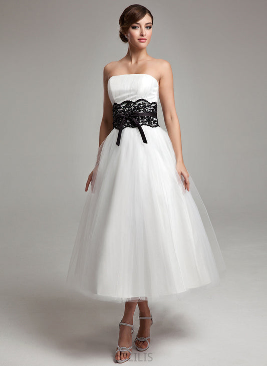 Wedding With Wedding Dresses Ball-Gown/Princess Dress Sash Tulle Strapless Lace Bow(s) Baylee Beading Tea-Length