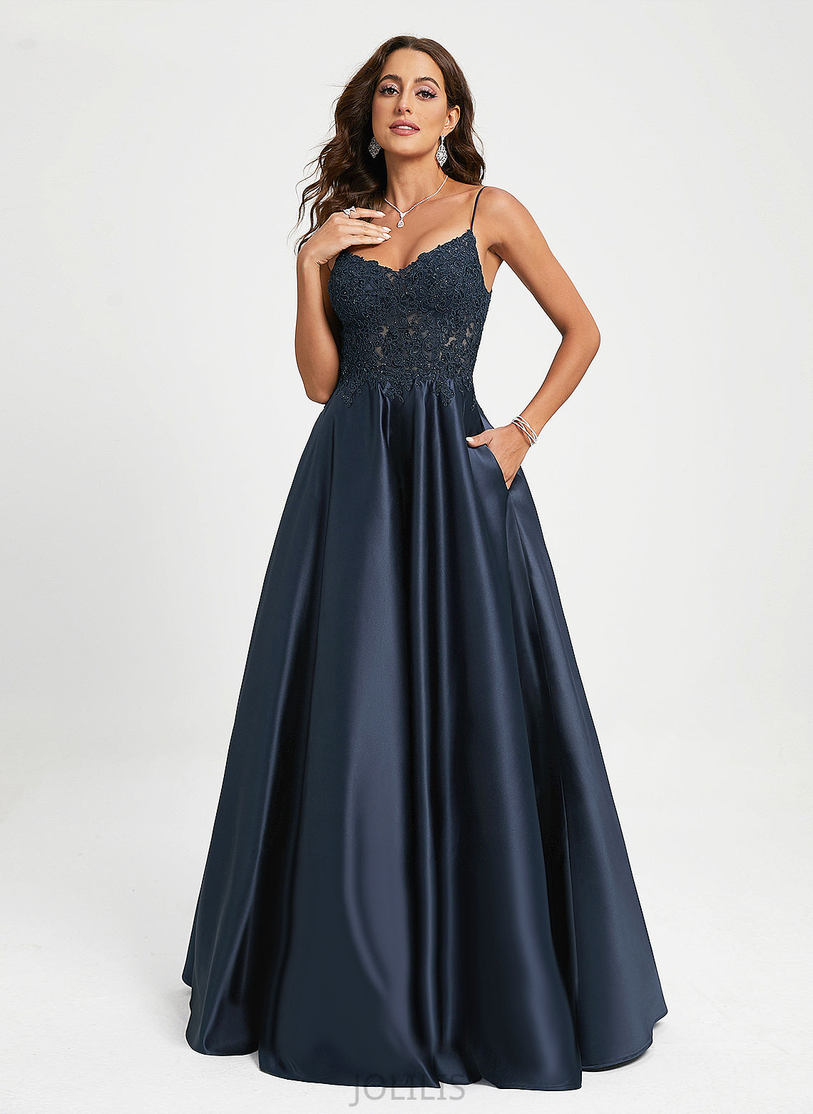 Sequins Avery Lace Floor-Length V-neck A-Line Satin With Prom Dresses