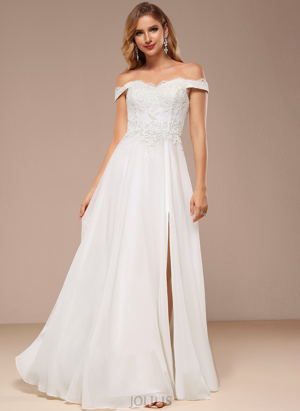 A-Line Dress With Sequins Wedding Dresses Chiffon Lace Kasey Wedding Floor-Length Off-the-Shoulder