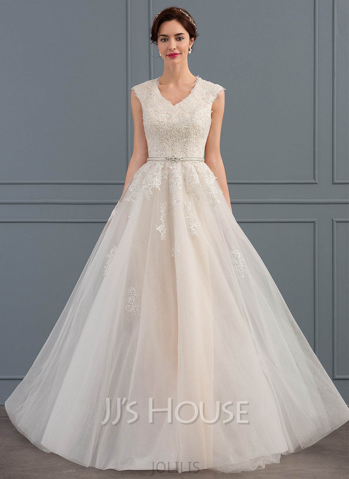 Wedding Dresses Dress Tulle Sequins A-Line Beading V-neck Justine With Wedding Train Bow(s) Sweep