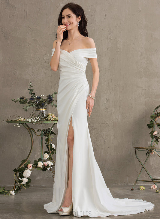 Wedding Dresses Front Sheath/Column With Train Off-the-Shoulder Wedding Stretch Split Crepe Dress Lilyana Ruffle Sweep