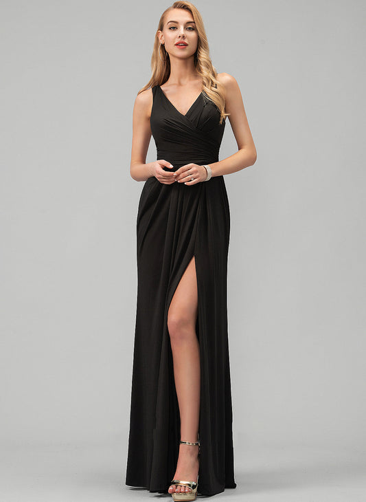 A-Line V-neck Ruffle Split Danica With Floor-Length Prom Dresses Jersey Front