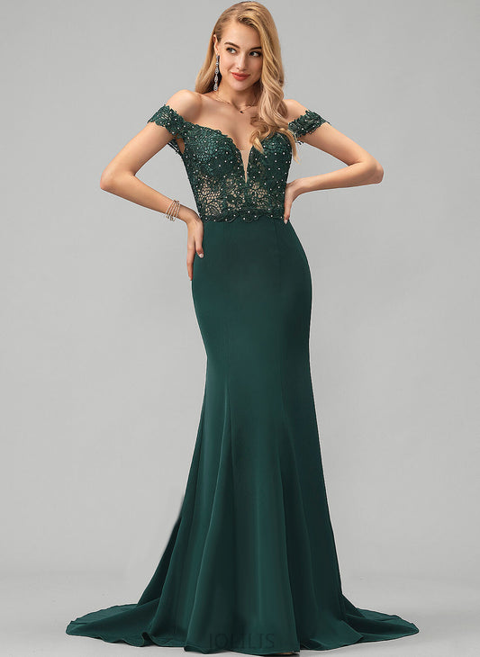 Trumpet/Mermaid Sequins Joanna Train Crepe Prom Dresses Sweep Stretch Off-the-Shoulder With Beading