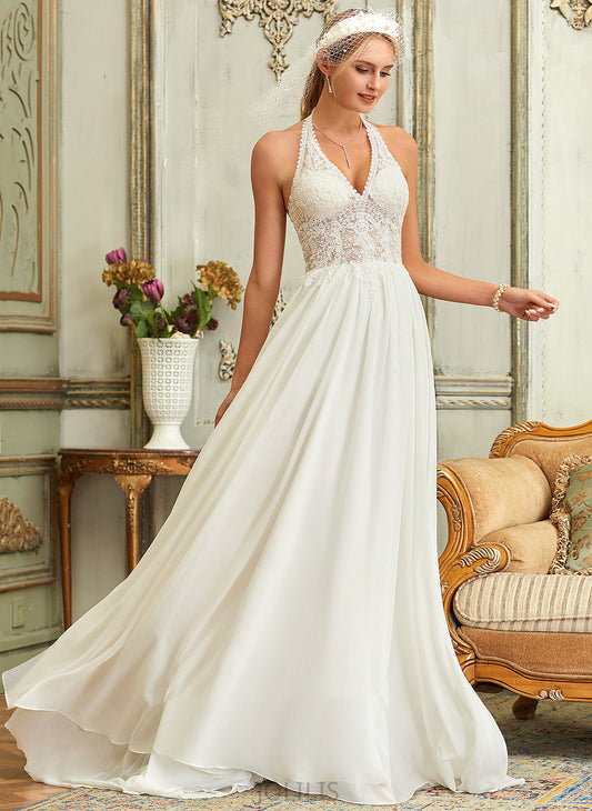 Halter Kaila Sweep Chiffon A-Line Wedding Dresses Lace Train Dress Wedding