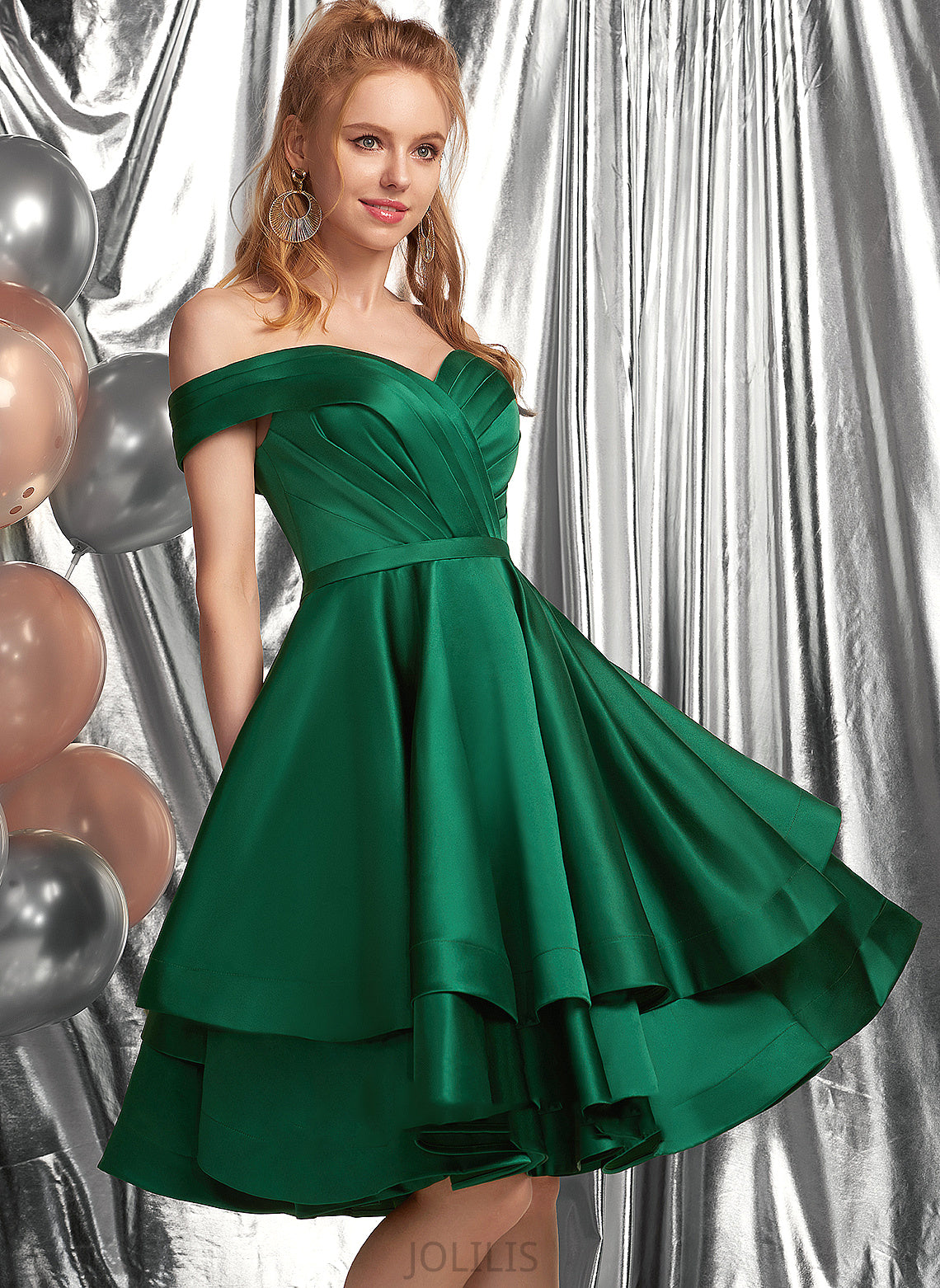 Ruffle Katherine Knee-Length With Off-the-Shoulder Dress Homecoming Satin Homecoming Dresses A-Line