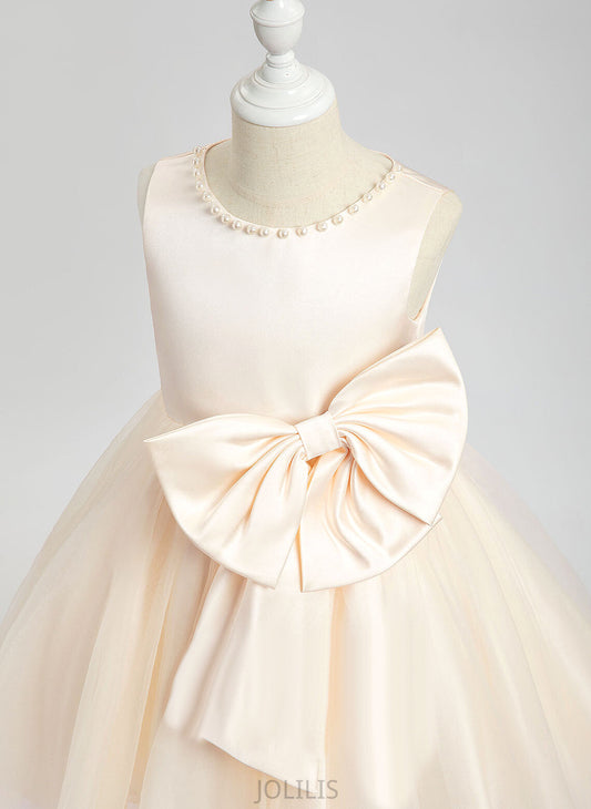 Beading/Bow(s) Girl Neck Sleeveless Knee-length Flower Dress A-Line Kelsie Satin With Flower Girl Dresses - Scalloped