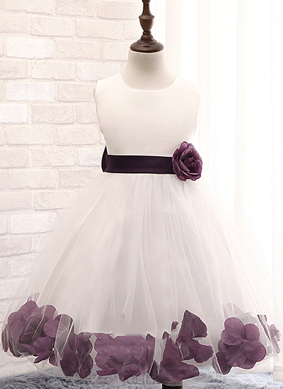 Flower Girl Dresses Knee-length Kit Flower(s)/Bow(s) Flower Scoop Blends Ball Gown Dress - Neck With Sleeveless Cotton Girl