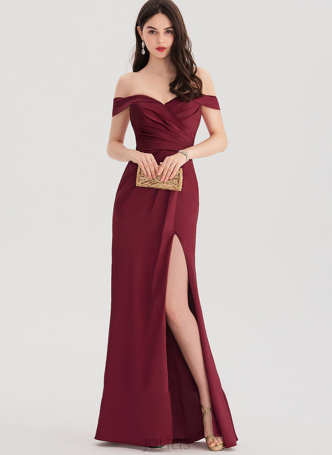 Split Floor-Length Alison Off-the-Shoulder Ruffle Front With Satin Sheath/Column Prom Dresses