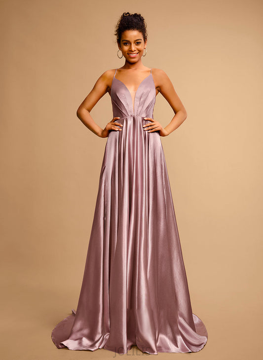 Ball-Gown/Princess V-neck Prom Dresses Satin Train Justine Sweep