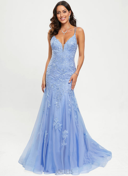 Trumpet/Mermaid Lace Tulle With Prom Dresses Sequins V-neck Maria Train Sweep