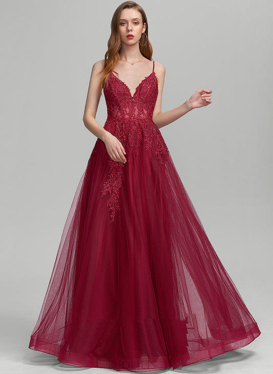 Edith Ball-Gown/Princess With Beading Lace Floor-Length Sequins V-neck Tulle Prom Dresses