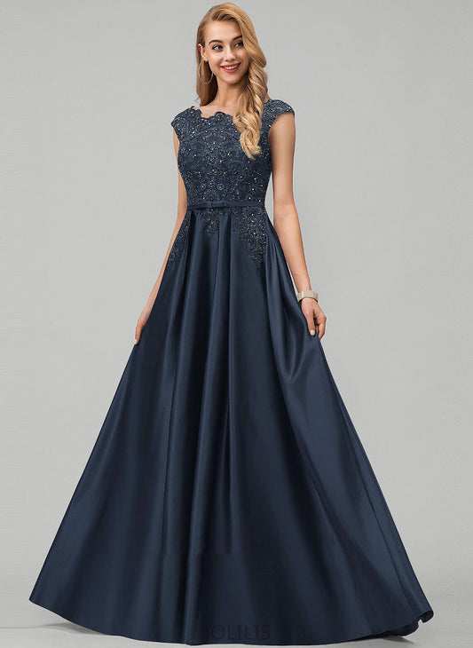 Sequins Floor-Length Pockets Satin Beading Neck Ball-Gown/Princess Prom Dresses With Lace Scoop Bow(s) Leticia