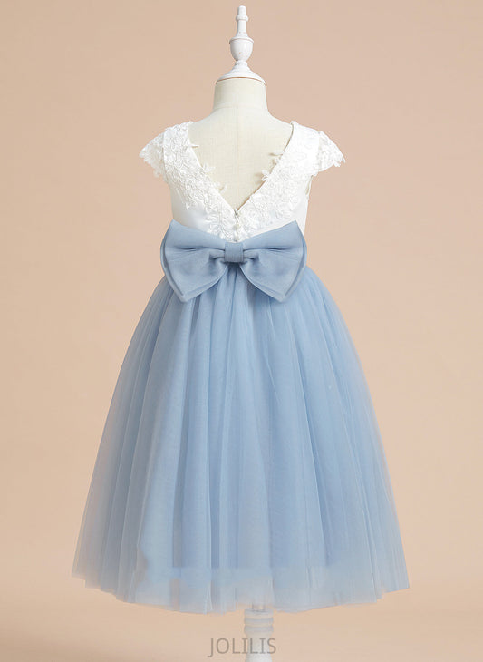 Scoop Sleeveless Flower Girl Dresses - Nadia Flower Girl Lace/Bow(s) Neck Dress With Satin/Tulle A-Line Tea-length