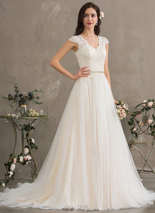 Dress Madalynn Sequins Train Ball-Gown/Princess Beading Tulle Court Wedding Dresses V-neck Wedding With