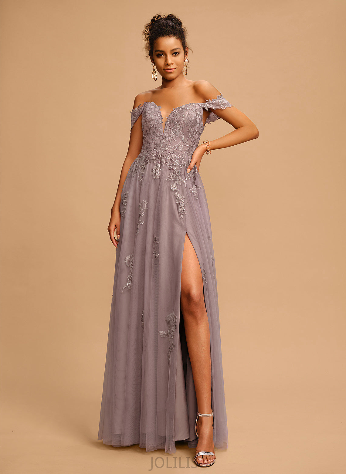 Off-the-Shoulder Tulle Floor-Length Sequins With A-Line Prom Dresses Averi