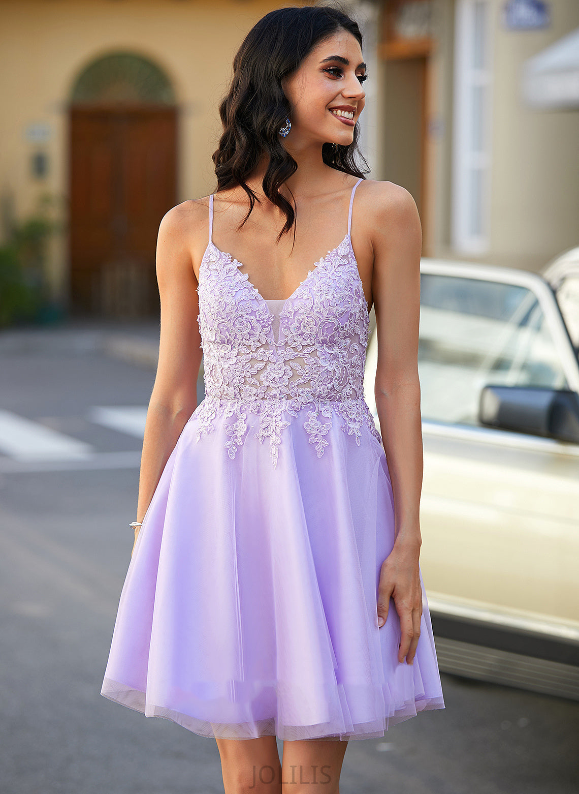 Homecoming Dresses Homecoming V-neck Tulle With A-Line Short/Mini Beading Dress Lace Mandy