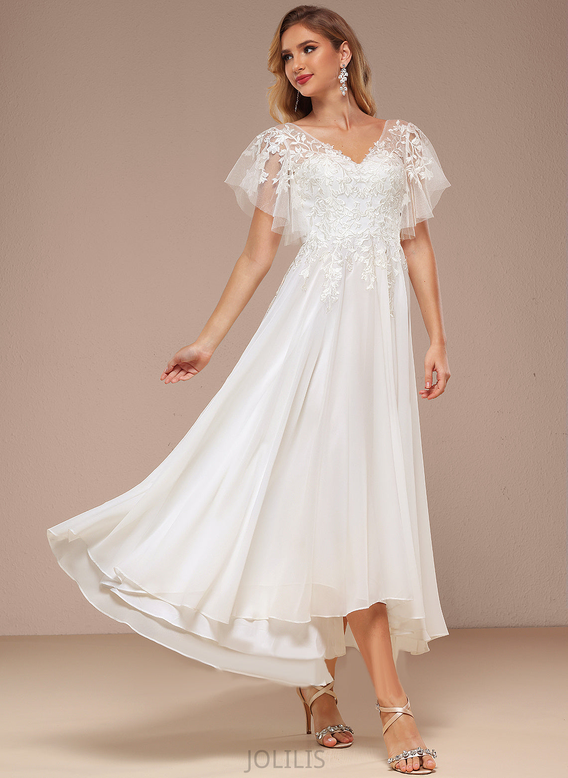 Lace With Tulle Wedding Dresses A-Line Dulce Dress Wedding Asymmetrical Ruffle V-neck