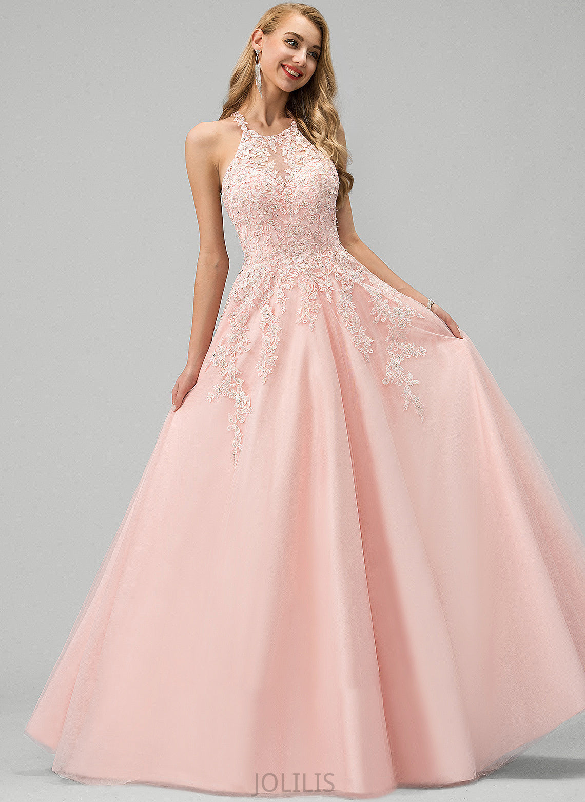 Scoop Prom Dresses Sequins Beading Lace Neck Floor-Length Ball-Gown/Princess With Tulle Frederica