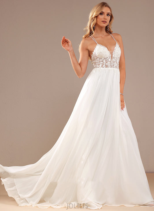 Train Lace Chiffon With Wedding Kiana Beading Sequins Wedding Dresses V-neck Sweep Dress Lace A-Line