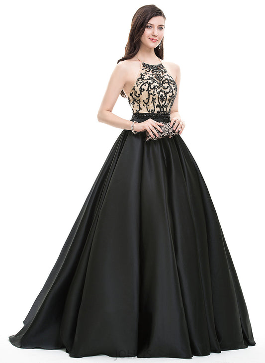 Sequins Scoop Neck Sweep Ball-Gown/Princess Prom Dresses Caitlyn Beading Satin With Train