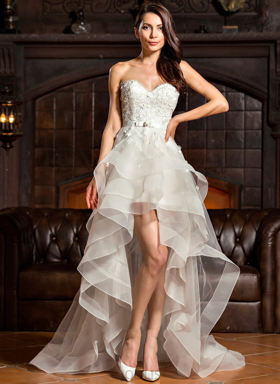 A-Line Beading Asymmetrical Tulle Sweetheart With Wedding Lola Wedding Dresses Dress Bow(s)