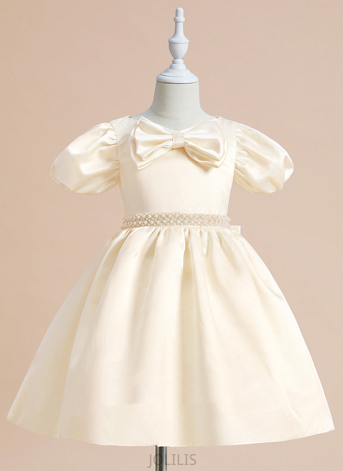 Flower Girl Dresses - Flower Ball-Gown/Princess V-neck Dress Girl Sleeves Knee-length Beading/Bow(s) Henrietta Satin With Short