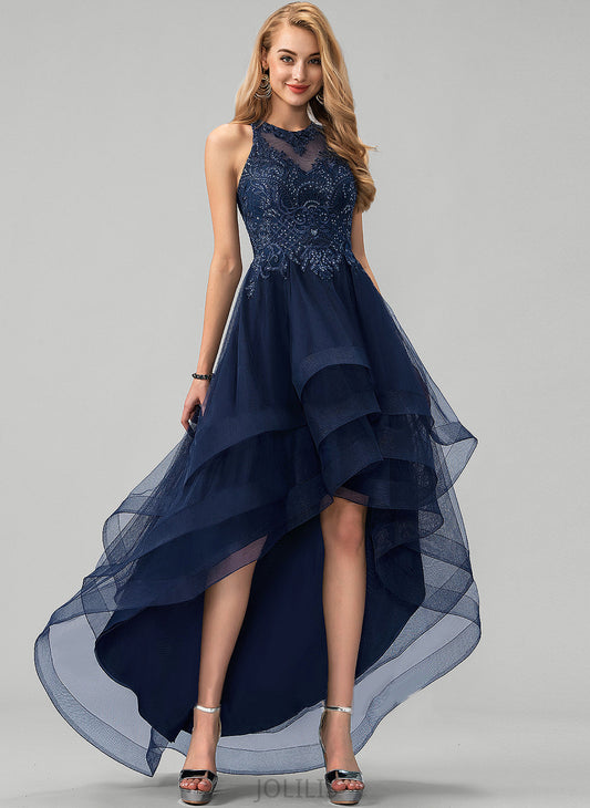 Lace Tulle Beading Asymmetrical With Sequins Angeline Scoop Neck Ball-Gown/Princess Prom Dresses