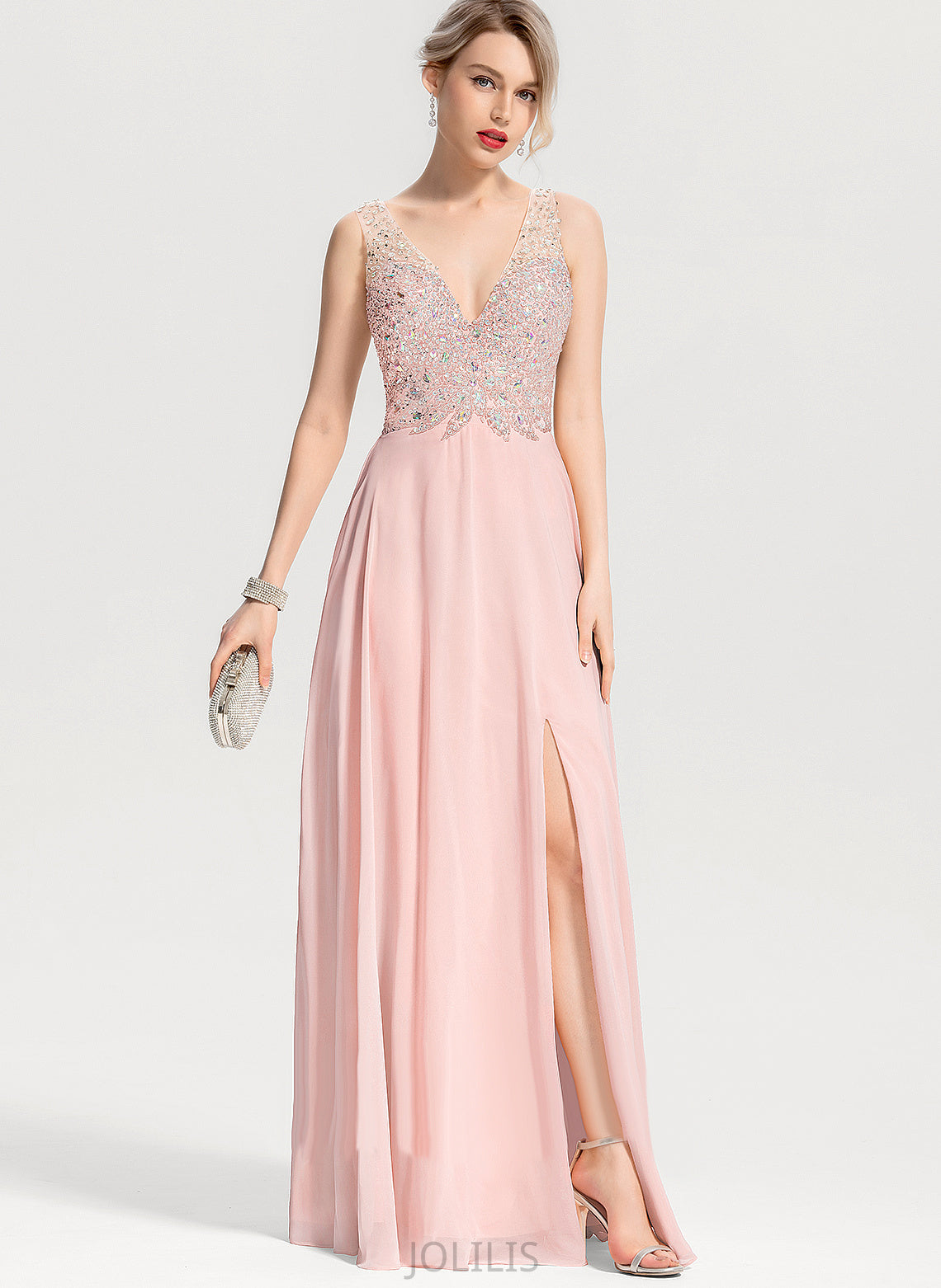 With A-Line Sequins Floor-Length Chiffon Jazlene Beading Prom Dresses V-neck