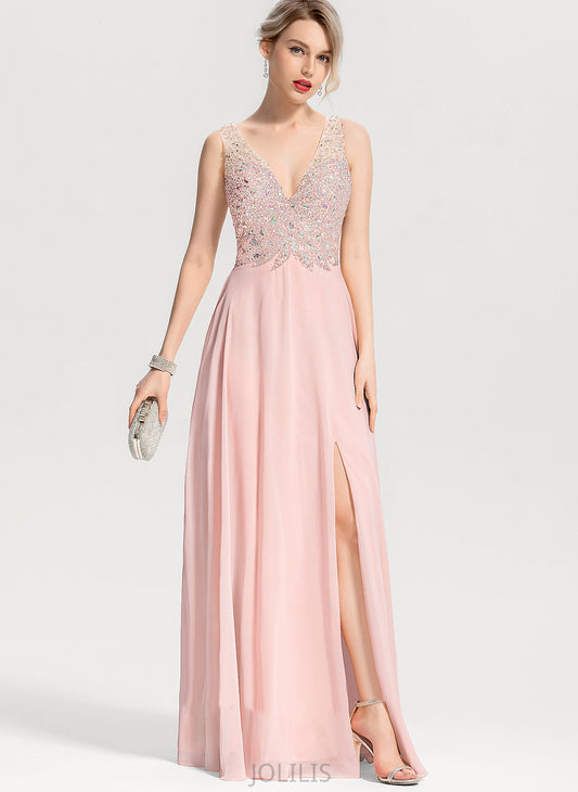 With A-Line Sequins Floor-Length Chiffon Jazlene Beading Prom Dresses V-neck