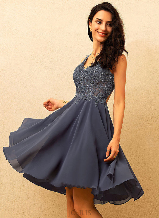 A-Line Beading Prom Dresses Vivian V-neck Knee-Length Chiffon With