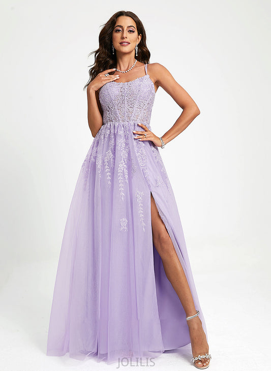 Marlee Sweep With Sequins Neck Train Lace Ball-Gown/Princess Tulle Scoop Prom Dresses