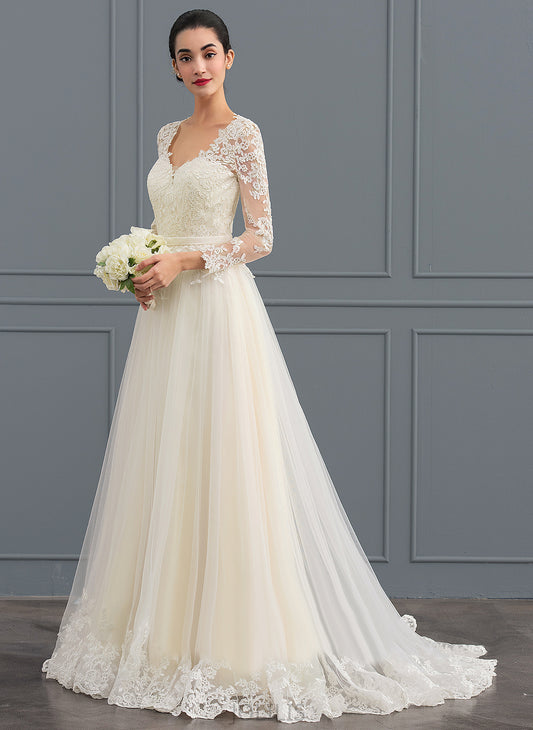 Ball-Gown/Princess Lace Dress Sweep Mia Train Wedding Wedding Dresses V-neck Tulle