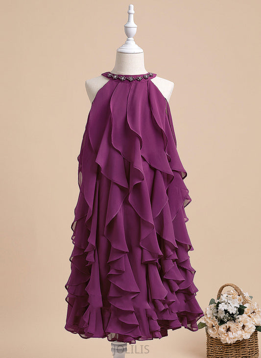 Neck Alena Scalloped Flower Dress With Tea-length Sleeveless Chiffon Beading Flower Girl Dresses - Girl A-Line