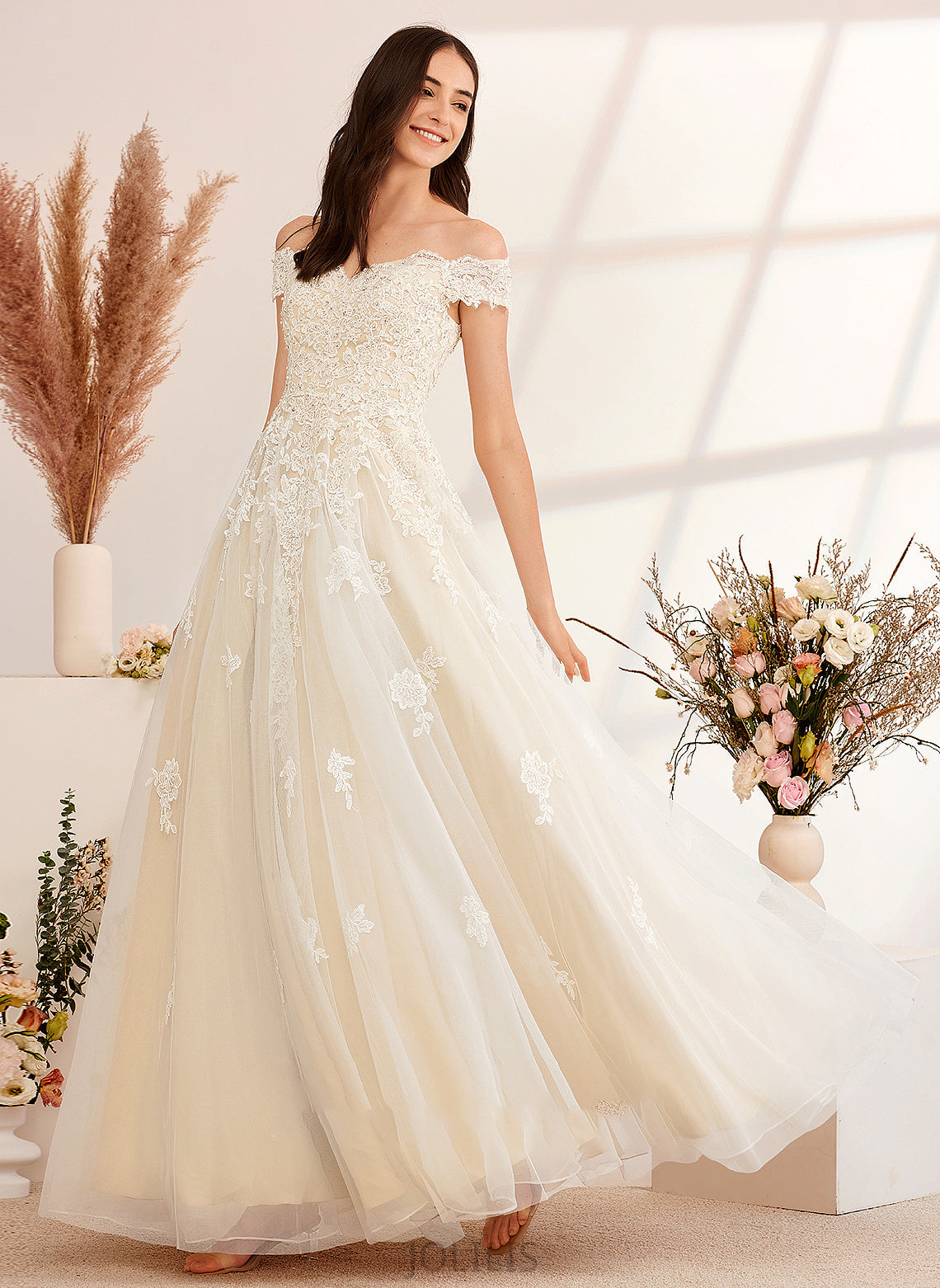 With Off-the-Shoulder Floor-Length Una Sequins Ball-Gown/Princess Wedding Beading Wedding Dresses Dress