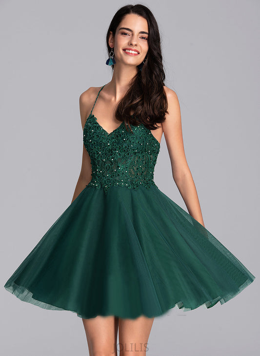 Homecoming Sequins V-neck Dress With Tulle Beading Charlize Short/Mini Homecoming Dresses A-Line